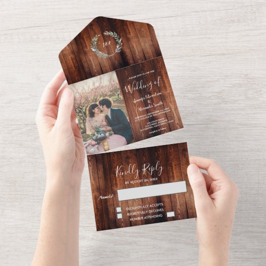 Rustiek land schuur hout monogram foto Bruiloft All In One Uitnodiging (Afscheurbaar)