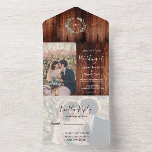 Rustiek land schuur hout monogram foto Bruiloft All In One Uitnodiging (Binnen)