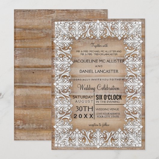 Rustiek Land Schuur Stijl Kant Hout Bruiloft Kaart (Voorkant / Achterkant)