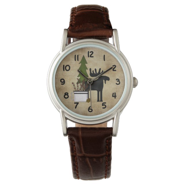 Rustiek Land Silhouette Berg Moose Horloge (Voorkant)
