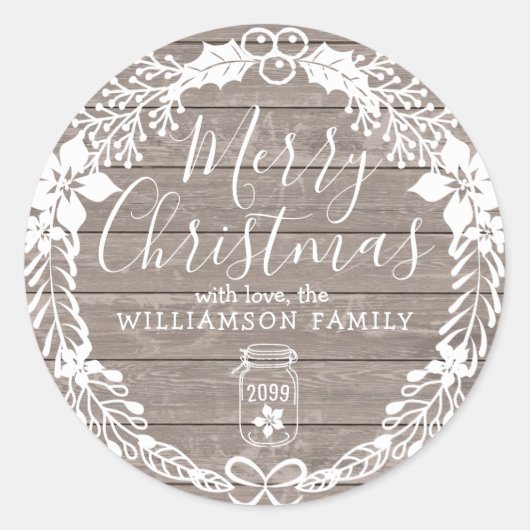 Rustiek Land Vrolijk Kerstmis Wit Holly krans Ronde Sticker (Voorkant)