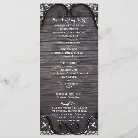 Rustiek Land Western Babys Breath & Wood Programma Programmakaart (Achterkant)