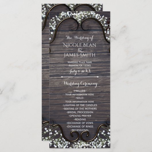 Rustiek Land Western Babys Breath & Wood Programma Programmakaart (Voorkant / Achterkant)