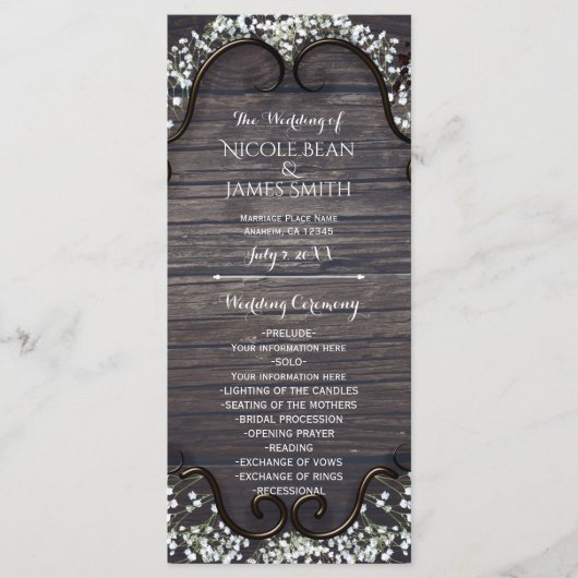 Rustiek Land Western Babys Breath & Wood Programma Programmakaart (Voorkant)