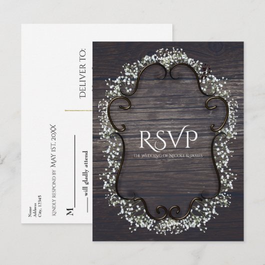Rustiek Land Western Babys Breath & Wood RSVP Uitnodiging Briefkaart (Voorkant / Achterkant)