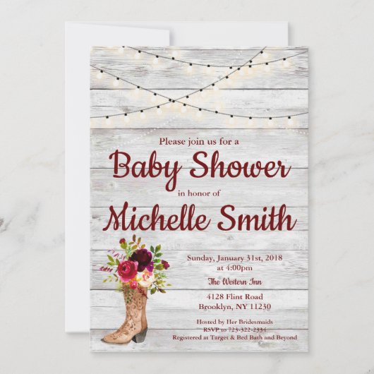 Rustiek Land Western Boot  Baby shower Kaart (Voorkant)