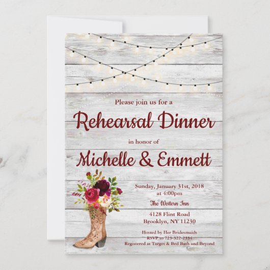 Rustiek Land Western Boot Boho Repetitie Diner Kaart (Voorkant)