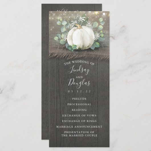 Rustiek Land Wit Pompoen Bruiloft Programma's (Voorkant / Achterkant)