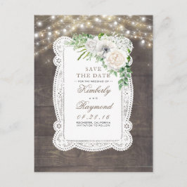 Rustiek Land Witte Bloemen Kant Save the Date Aankondigingskaart