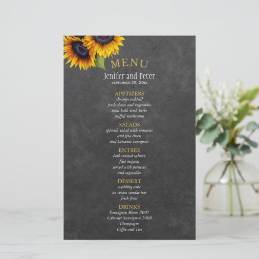 Rustiek land zonnebloem BUDGET bruiloft menu (Staand voorkant)