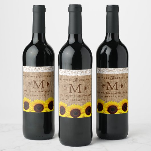 Rustiek Land Zonnebloem Burlap Monogram Bruiloft Wijn Etiket (Flessen)