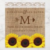 Rustiek Land Zonnebloem Burlap Monogram Bruiloft Wijn Etiket (Enkel label)