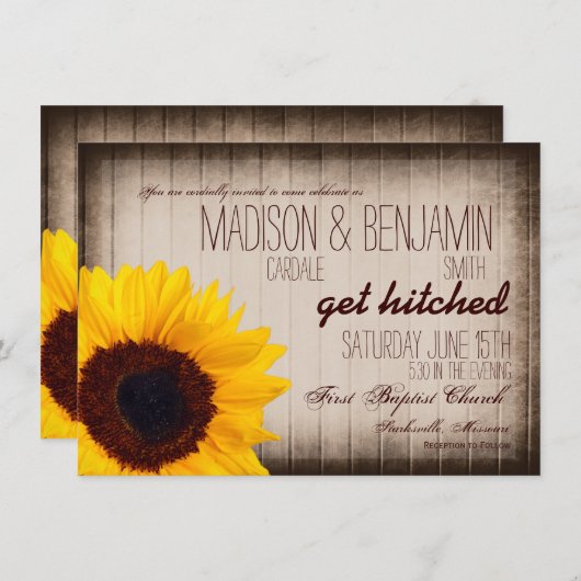 Rustiek Land Zonnebloem Hout Bruiloft Uitnodiginge Kaart (Voorkant / Achterkant)