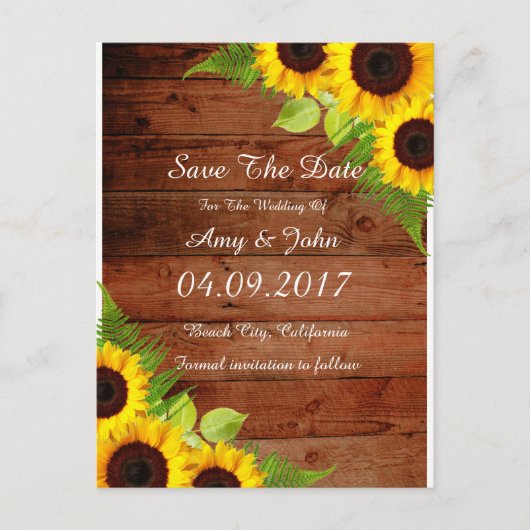 Rustiek Land Zonnebloem Save the Date Briefkaart (Voorkant)