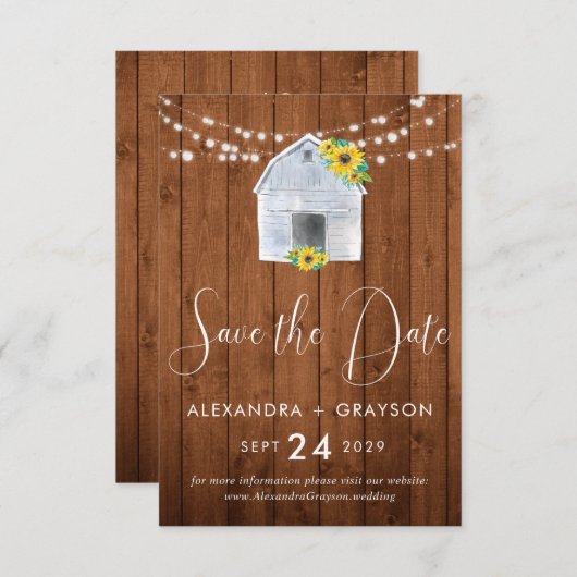 Rustiek Land Zonnebloem Schuur String Lights Save The Date (Voorkant / Achterkant)