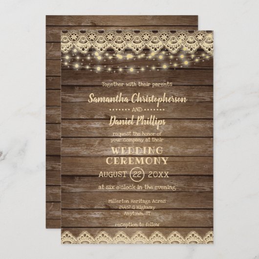 rustiek landhout | Kant & Lichten bruiloft Kaart (Voorkant / Achterkant)