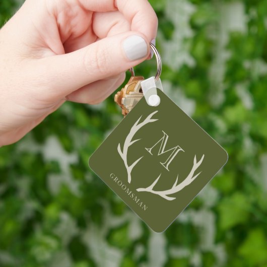 Rustiek Leger Groen Antler Custom Groomsmen Gift Sleutelhanger (Hand)