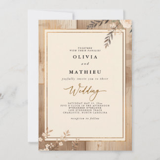 Rustiek Licht Beige Bloemen Hout Wedding Kaart