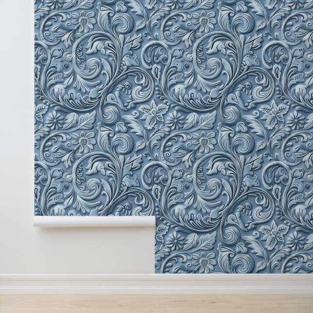Rustiek licht blauw bewerkt leer behang (Applicatie)