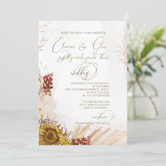 Rustiek Licht Boheemse Zonnebloem Huwelijksuitnodi Kaart (Staand voorkant)