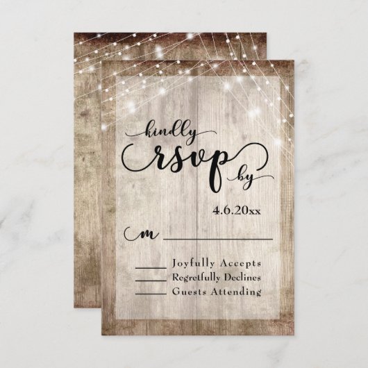 Rustiek Licht Bruin Hout & Lichten Bruiloft RSVP 1 (Voorkant / Achterkant)