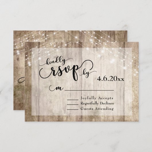 Rustiek Licht Bruin Hout & Lichten Bruiloft RSVP 2 (Voorkant / Achterkant)