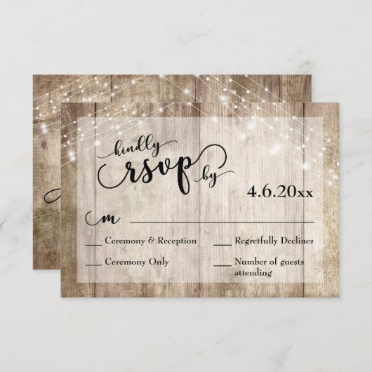 Rustiek Licht Bruin Hout & Lichten Bruiloft RSVP 3 (Voorkant / Achterkant)