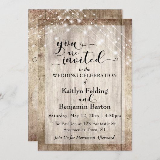 Rustiek licht bruin hout w / licht snaren, bruilof kaart (Voorkant / Achterkant)