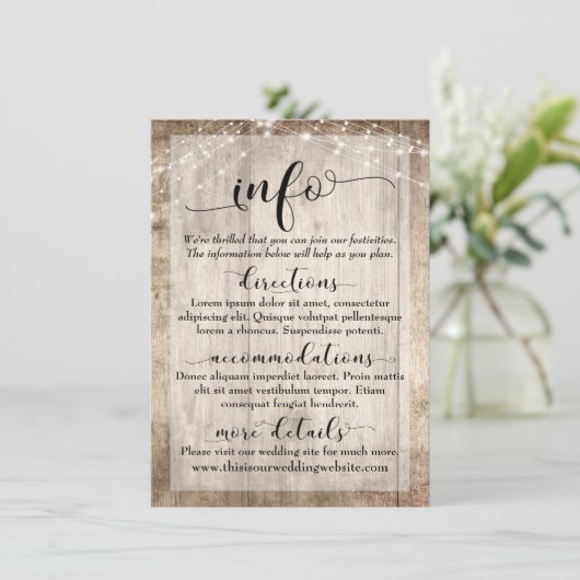Rustiek Licht Bruin Hout w / Lichten, Bruiloft Inf Informatiekaartje (Staand voorkant)