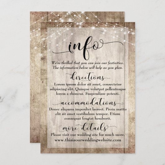 Rustiek Licht Bruin Hout w / Lichten, Bruiloft Inf Informatiekaartje (Voorkant / Achterkant)