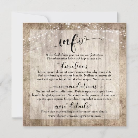 Rustiek Licht Bruin Hout w / Lichten, Bruiloft Inf Kaart (Voorkant)