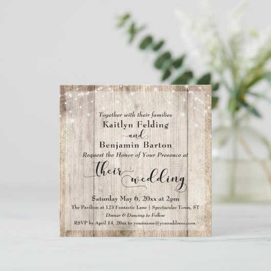 Rustiek Licht Bruin Hout & Witte Lichten Bruiloft Kaart (Staand voorkant)