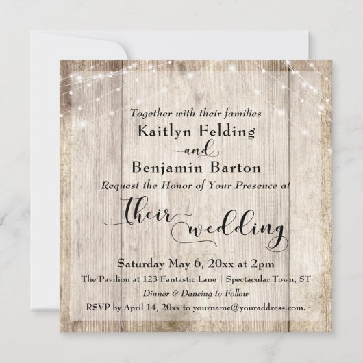 Rustiek Licht Bruin Hout & Witte Lichten Bruiloft  Kaart (Voorkant)
