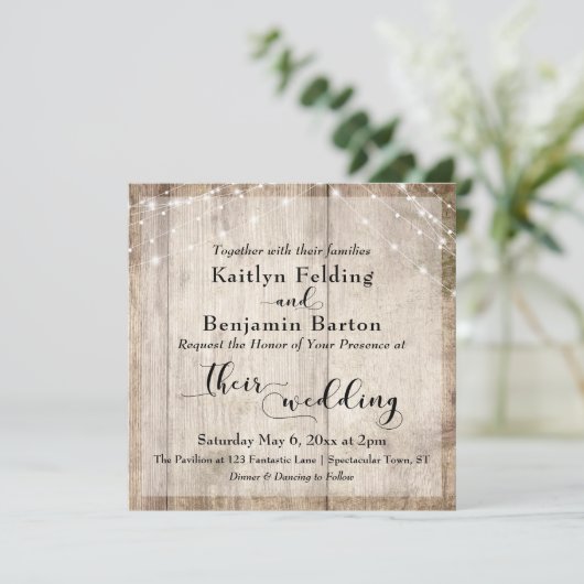 Rustiek Licht Bruin Hout & Witte Lichten Bruiloft Kaart (Staand voorkant)