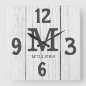 Rustiek licht hout Familienaam Monogram Boerderij Vierkante Klok (Voorkant)
