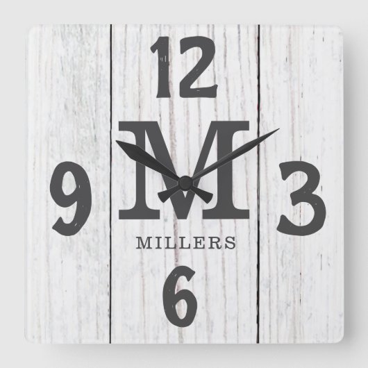 Rustiek licht hout Familienaam Monogram Boerderij Vierkante Klok (Voorkant)
