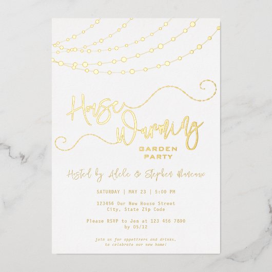Rustiek Licht String Wit Housewarming Party Goud Folie Uitnodiging (Voorkant)