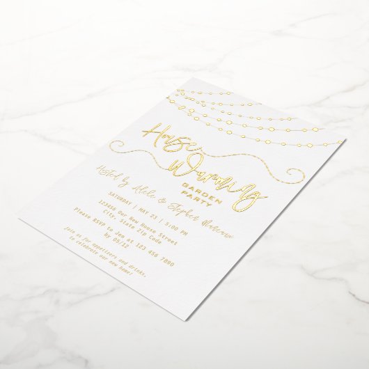 Rustiek Licht String Wit Housewarming Party Goud Folie Uitnodiging (Gedraaid)
