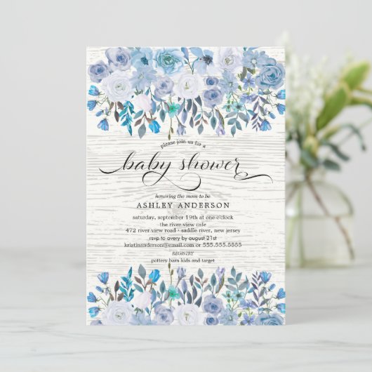 Rustiek Lichtblauw Waterverf Bloemen Baby shower Kaart (Staand voorkant)