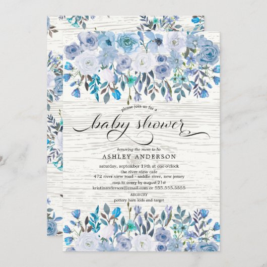 Rustiek Lichtblauw Waterverf Bloemen Baby shower Kaart (Voorkant / Achterkant)