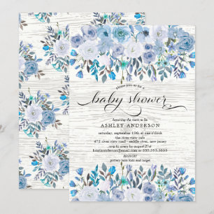 Rustiek Lichtblauw Waterverf Bloemen Baby shower Kaart