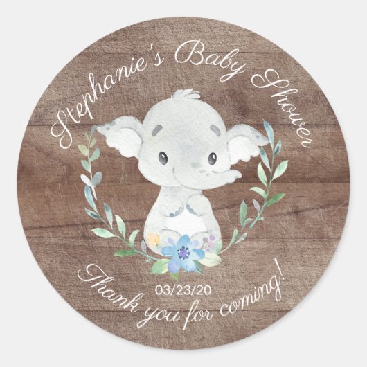 Rustiek lief olifant jongens Baby shower gunst Ronde Sticker (Voorkant)