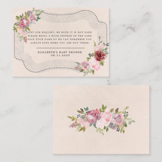 Rustiek lijst roze bloemenboek baby shower boeken informatiekaartje (Voorkant / Achterkant)