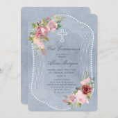 Rustiek lijst Roze Bourgogne Bloemen Eerste Commun Kaart (Voorkant / Achterkant)