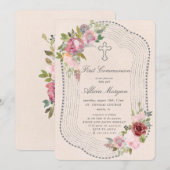 Rustiek lijst Roze Bourgogne Bloemen Eerste Commun Kaart (Voorkant / Achterkant)