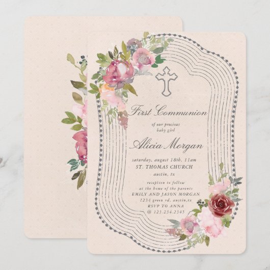 Rustiek lijst Roze Bourgogne Bloemen Eerste Commun Kaart (Voorkant / Achterkant)