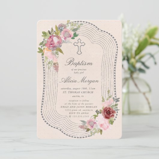 Rustiek Lijst Roze Bourgondië Bloemen Doop Kaart (Staand voorkant)