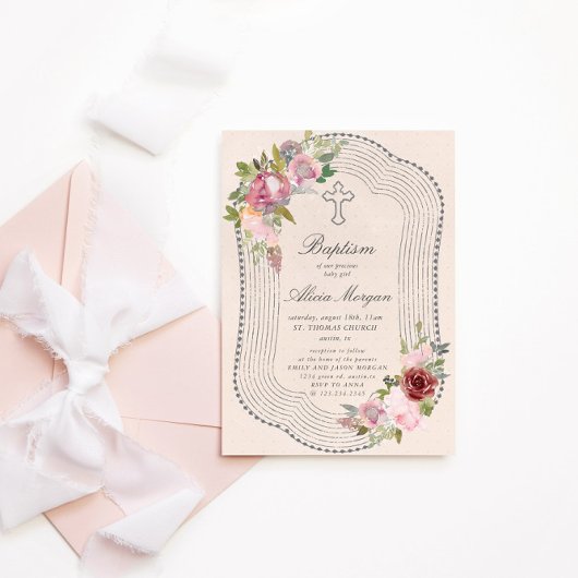 Rustiek Lijst Roze Bourgondië Bloemen Doop Kaart