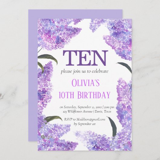Rustiek Lila 10e Verjaardag Wildflower Verjaardag Kaart (Voorkant / Achterkant)