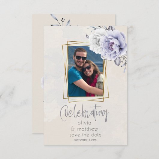 Rustiek Lila en Alabaster Pioen Bloemen Bruiloft Kaart (Voorkant / Achterkant)